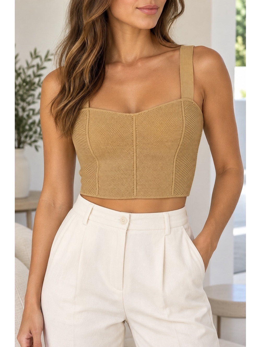 House of Harlow 1960 Knit Bustier Crop Top Camel Tan Size S